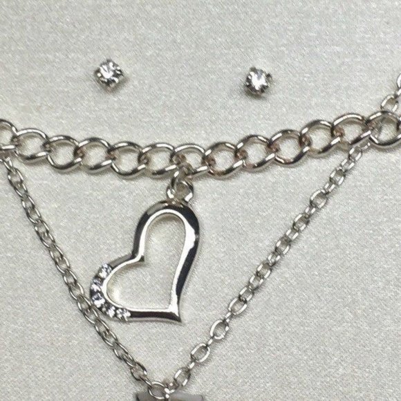Necklace Bracelet Earrings Gift Set Silver Chain Heart Rhinestone Stud Pierced - Picture 5 of 5